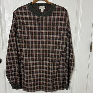 LL Bean men’s crew neck plaid cotton Henley shirt size XL